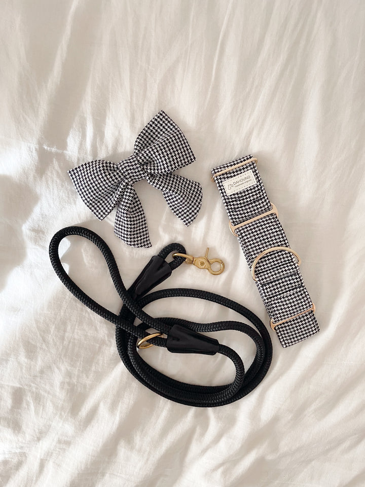 Martingale Collar + Sailor Bow + Rope Lead Set | Classic Houndstooth (Textured Weave) With Black Leash