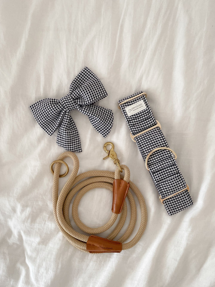 Martingale Collar + Sailor Bow + Rope Lead Set | Classic Houndstooth (Textured Weave) With Beige Leash