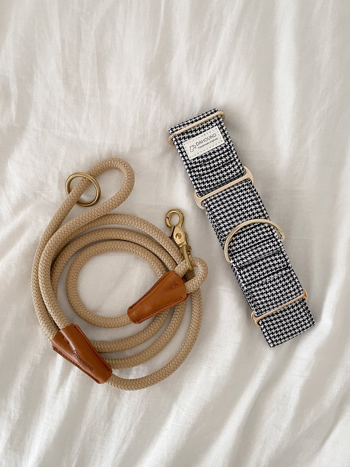 Martingale Collar & Rope Lead Set | Classic Houndstooth (Textured Weave) With Beige Leash