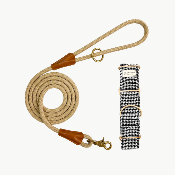 Martingale Collar & Rope Lead Set | Classic Houndstooth (Textured Weave) With Beige Leash