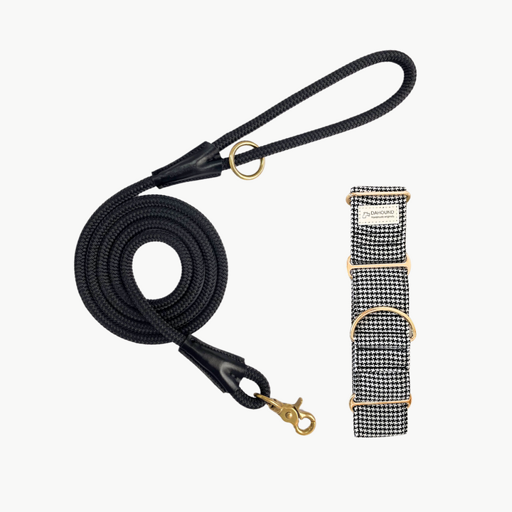 Martingale Collar & Rope Lead Set | Classic Houndstooth (Textured Weave) With Black Leash