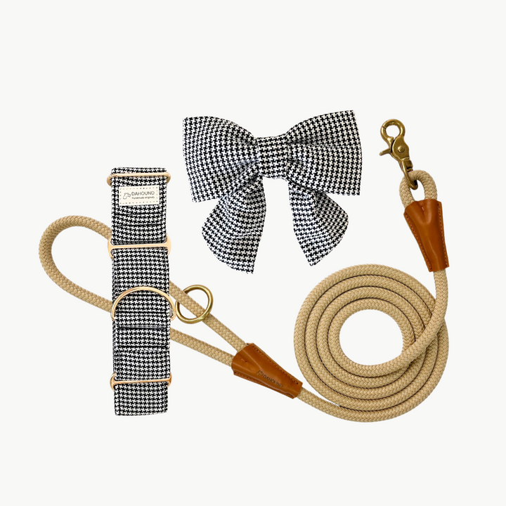 Martingale Collar + Sailor Bow + Rope Lead Set | Classic Houndstooth (Textured Weave) With Beige Leash