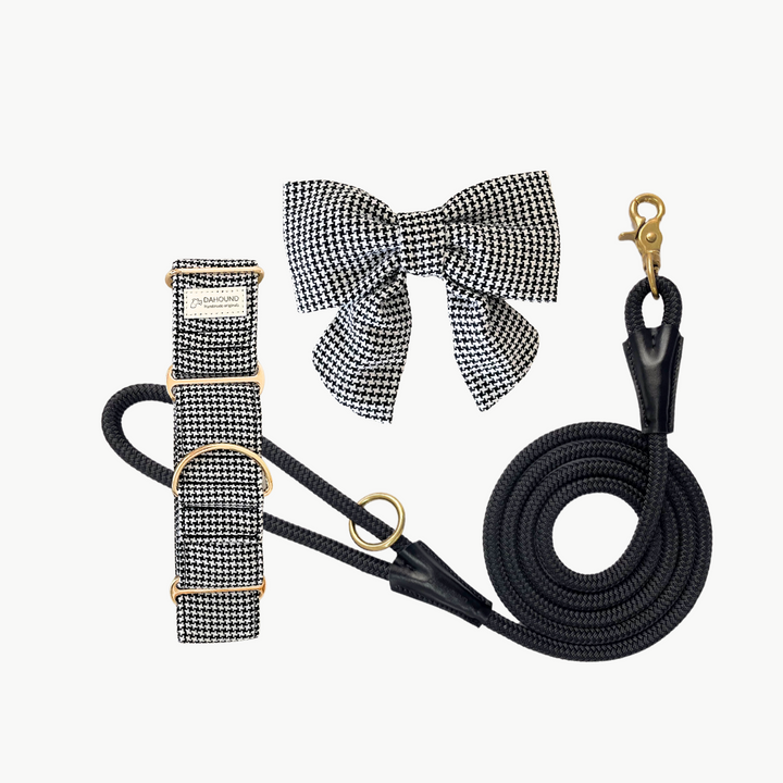 Martingale Collar + Sailor Bow + Rope Lead Set | Classic Houndstooth (Textured Weave) With Black Leash
