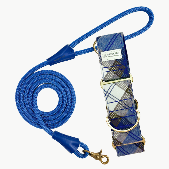 Martingale Collar & Rope Lead Set | Blueberry Cold Brew Plaid (Soft Cotton)