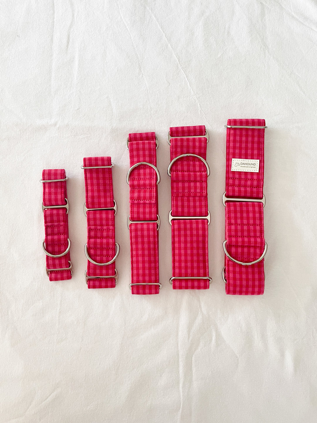 Dahound Crimson Pink Mini Gingham Martingale Collar Product Photo With Different Sizing Option
