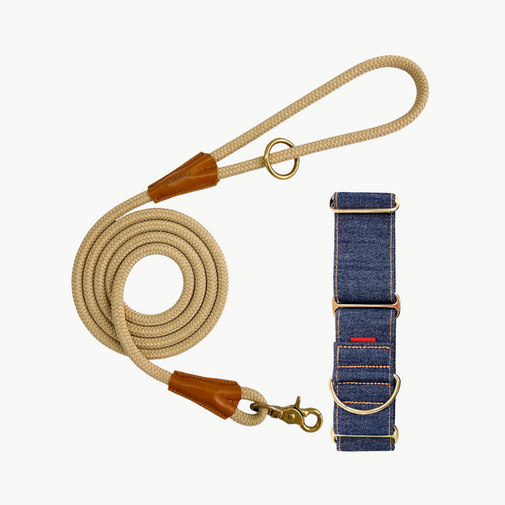 Martingale Collar & Rope Lead Set | Dark Indigo Denim (with Beige Leash)