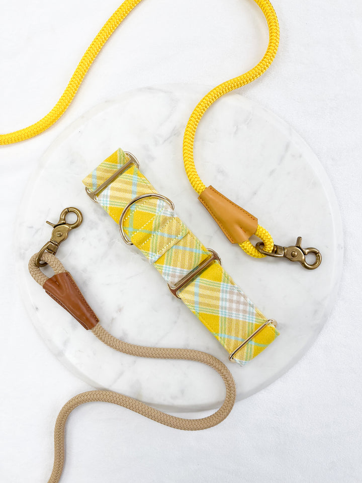 Lemon Yellow Flannel Plaid Martingale Collar With Leash 