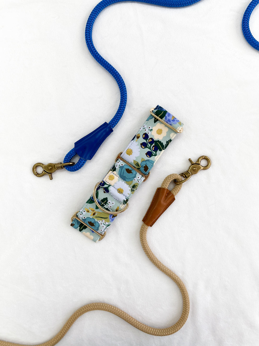 Dahound Martingale Collar in Blue and White Floral Print Lifestyle Photo