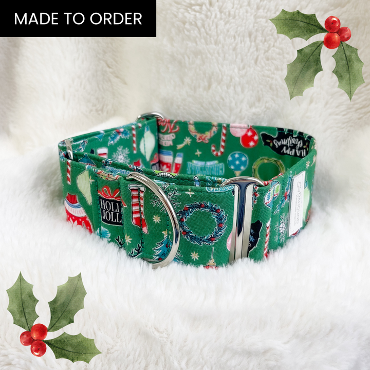 Wide Fabric Martingale Dog Collar | Green Christmas Fun [MADE TO ORDER]