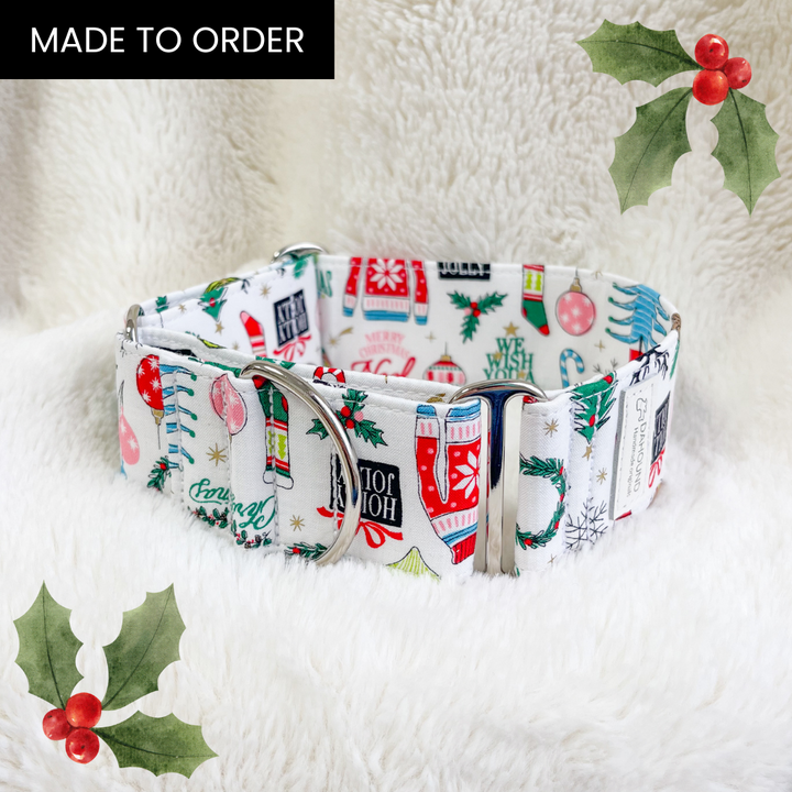 Wide Fabric Martingale Dog Collar | White Christmas Fun  [MADE TO ORDER]