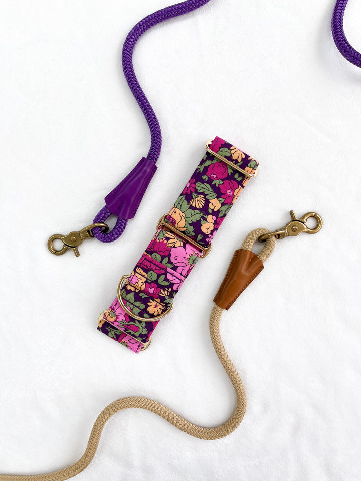 Dahound Wide Fabric Martingale Collar In Purple Floral Print With Purple Leash & Beige Leash