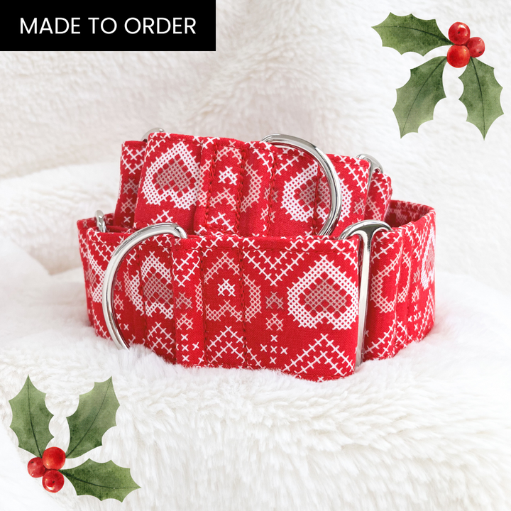 Wide Fabric Martingale Dog Collar | Red Christmas Sweater [MADE TO ORDER]