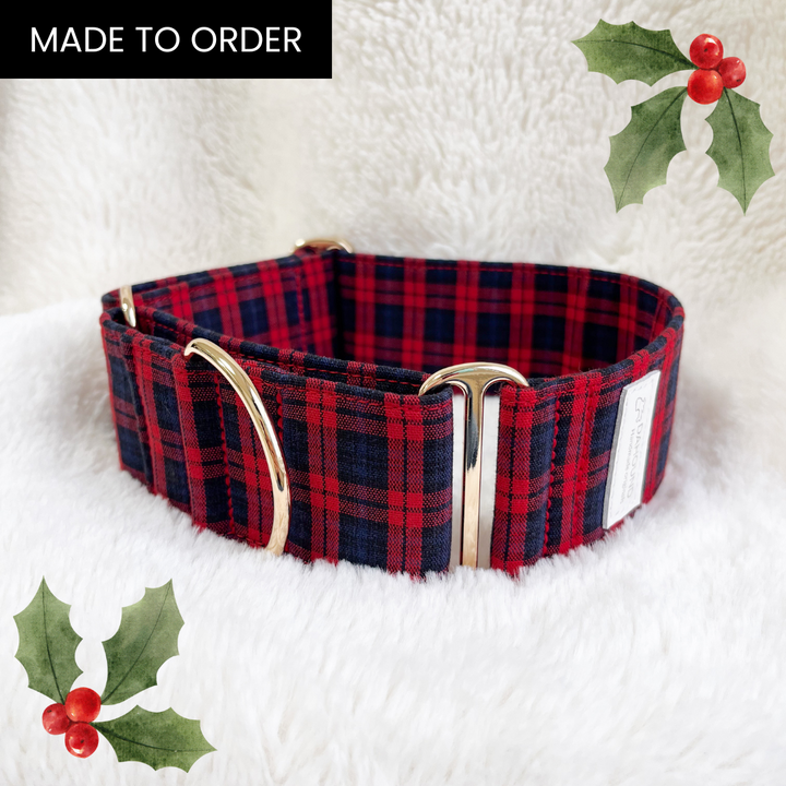 Wide Fabric Martingale Dog Collar | Red Classic Christmas Plaid [MADE TO ORDER]