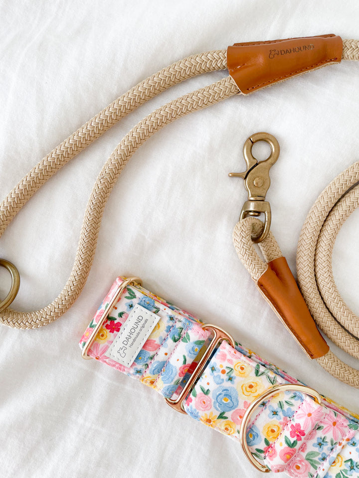 Dahound Pastel Blossoms Floral Print Martingale Collar With Rope Leash Set Lifestyle Photo