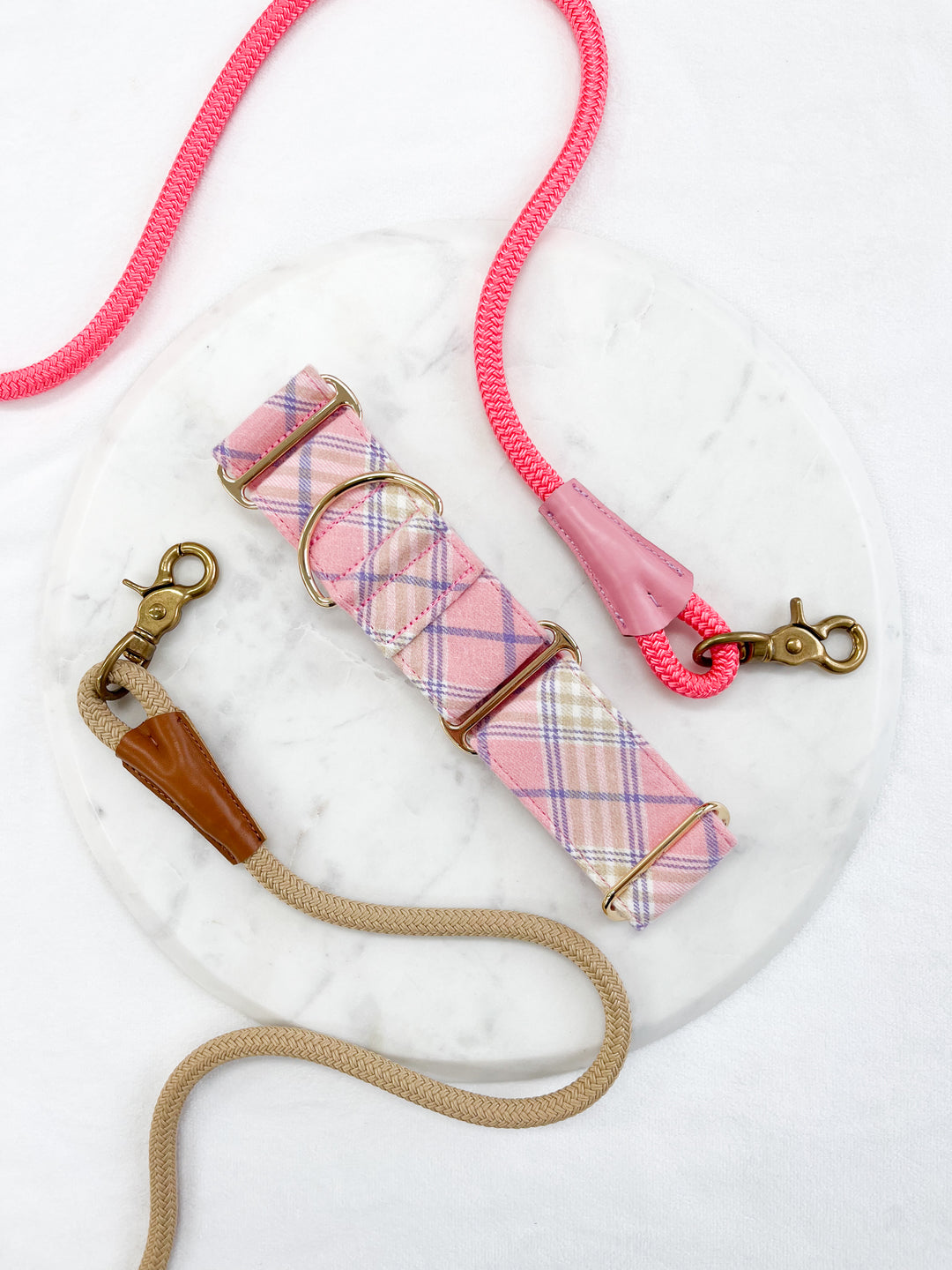 Pastel Pink Flannel Plaid Martingale Collar With Rope Leashes