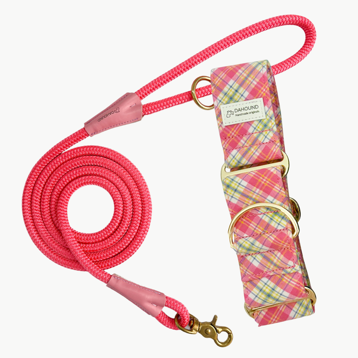 Martingale Collar & Rope Lead Set | Pink Lemon Spritz Plaid (Soft Cotton)