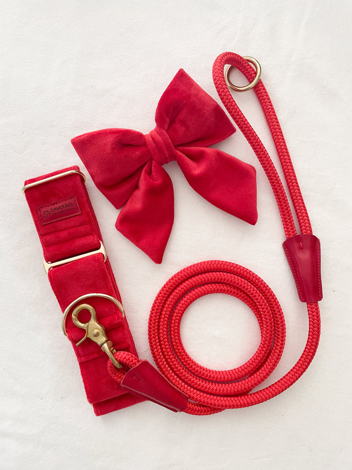 Martingale Collar + Sailor Bow + Rope Lead Set | Scarlet Red (Plush Velvet)