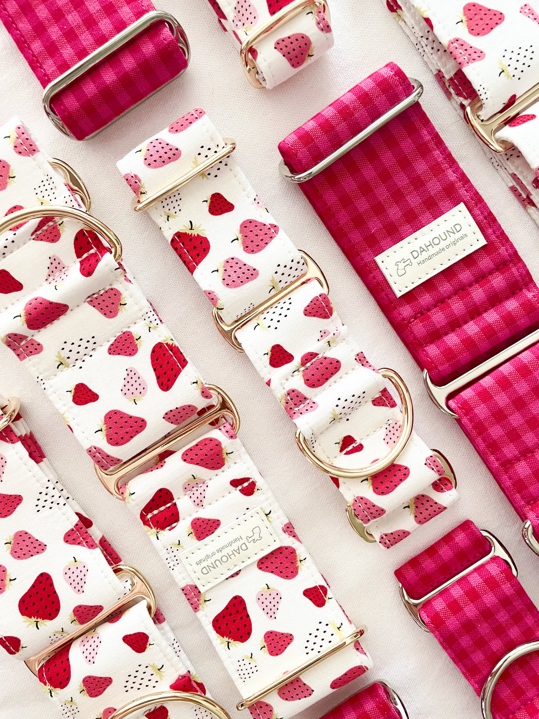 Dahound Crimson Pink Mini Gingham and Strawberry and Cream Gelato Martingale Collars For Greyhounds, Italian Greyhounds and Whippets