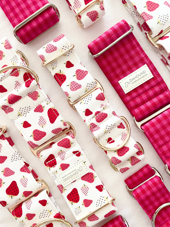Dahound Crimson Pink Mini Gingham and Strawberry and Cream Gelato Martingale Collars For Greyhounds, Italian Greyhounds and Whippets