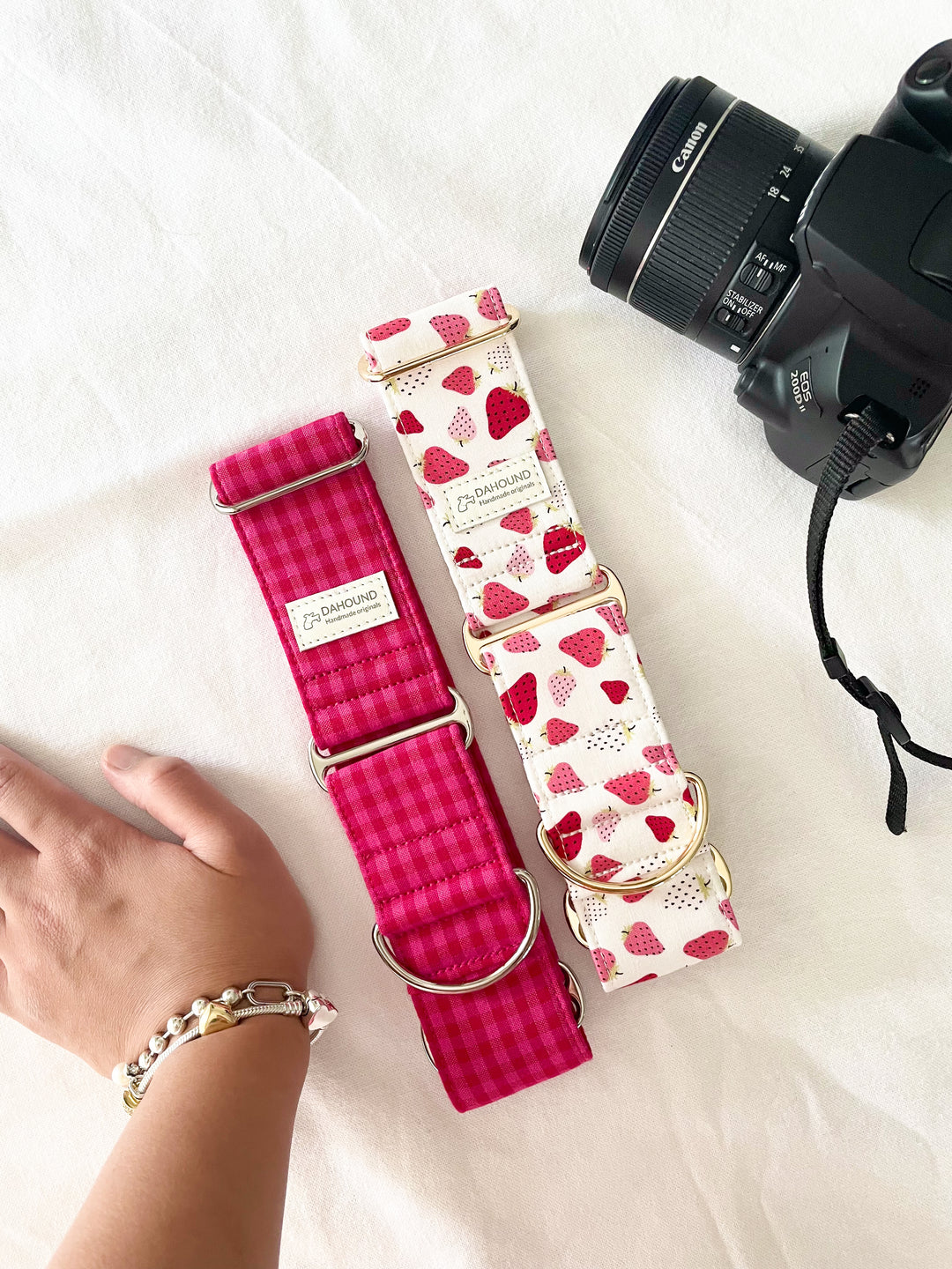Dahound Crimson Pink Mini Gingham & Strawberry and Cream Sighthound Collars Lifestyle Photo