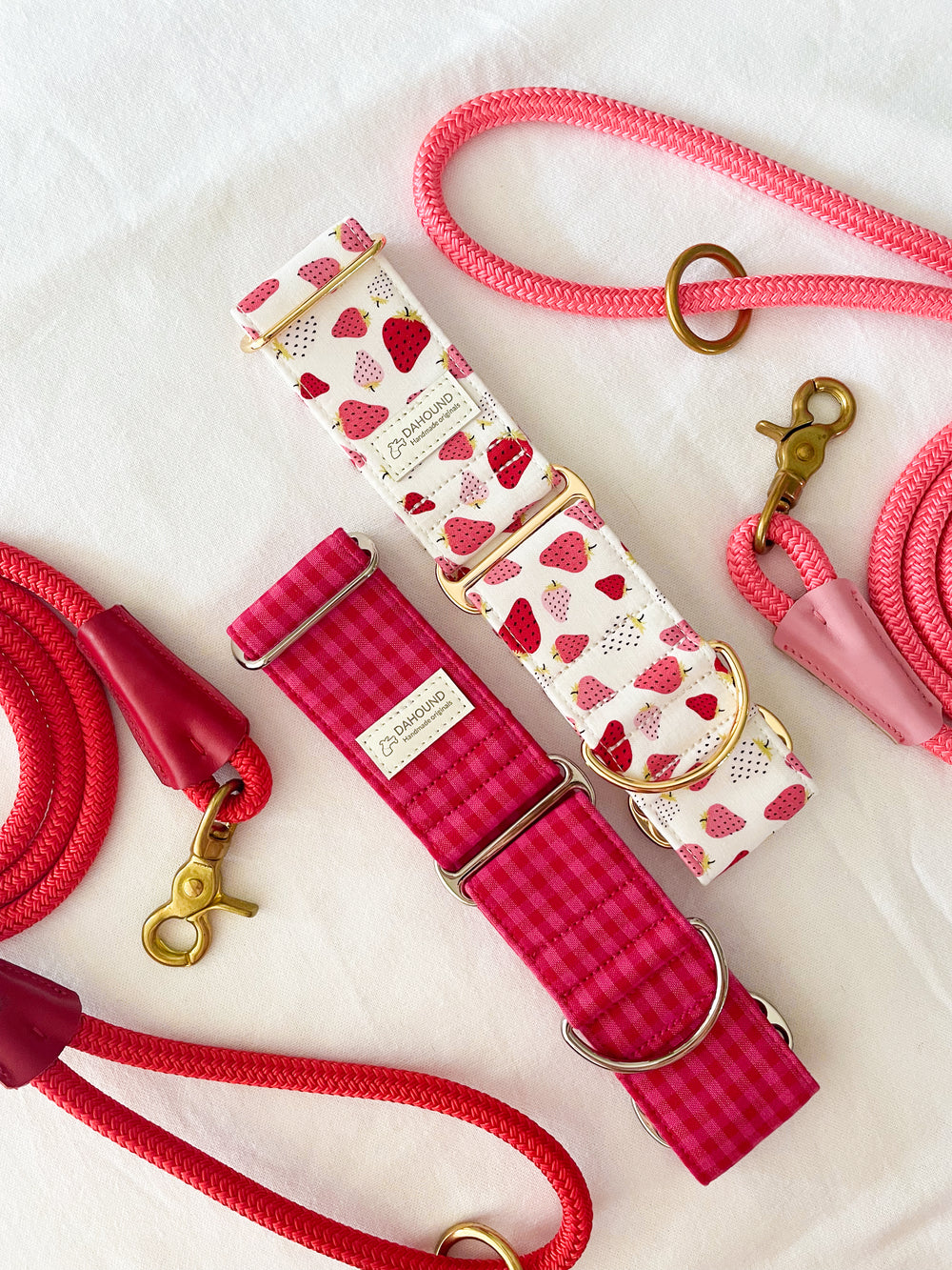 Dahound Crimson Pink Mini Gingham & Strawberry and Cream Martingale Collars Lifestyle Photo With Matching Rope Leashes