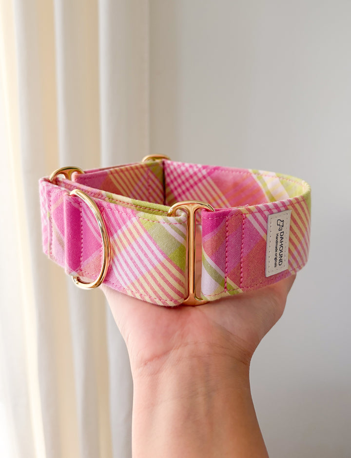 Wide Martingale Collar | Strawberry Matcha Plaid (Soft Cotton)