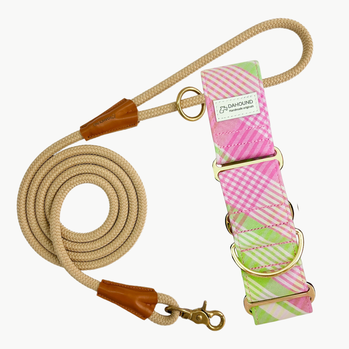 Martingale Collar & Rope Lead Set | Strawberry Matcha Plaid (Soft Cotton)