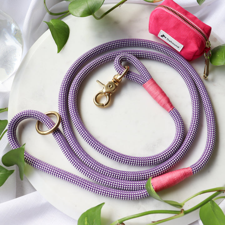 Purple Premium Rope Dog Leash With Poop Bag Holder