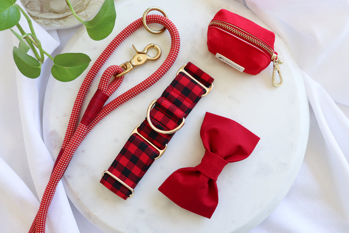 Wide Fabric Martingale Dog Collar | Red & Black Gingham Plaid